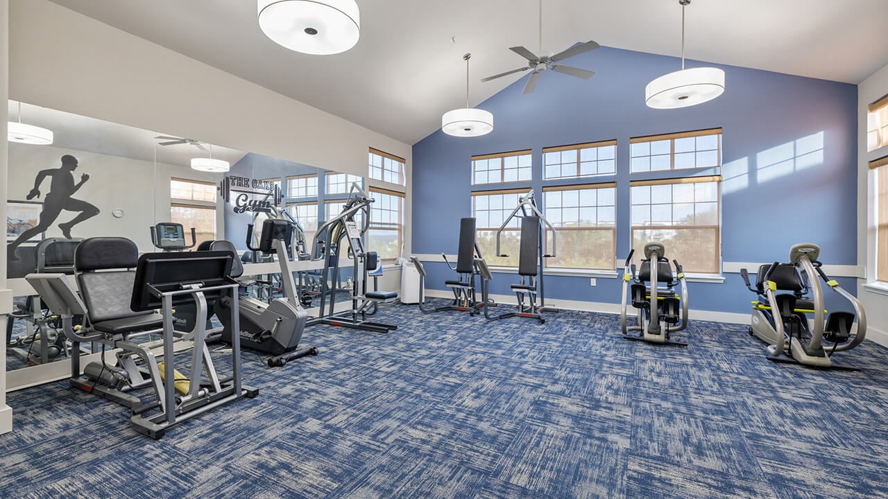 The fitness center at The Oaks